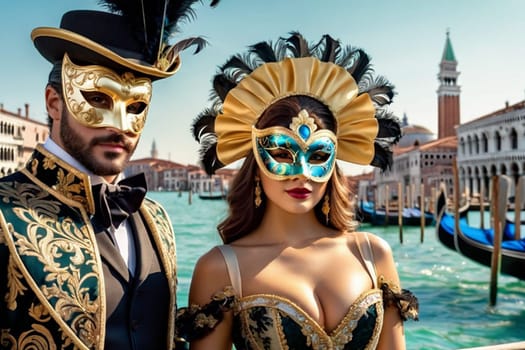 Ai generated portrait of people dressed with costumes and mask for the annual Venetian carnival.