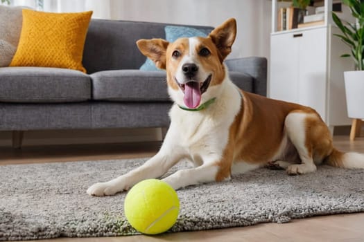 Cheerful dog at home in the living room playing with his toys.