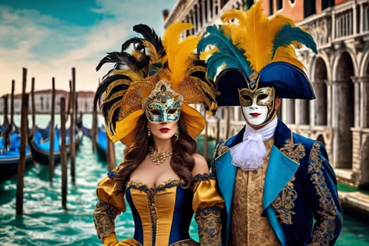 Ai generated portrait of people dressed with costumes and mask for the annual Venetian carnival.