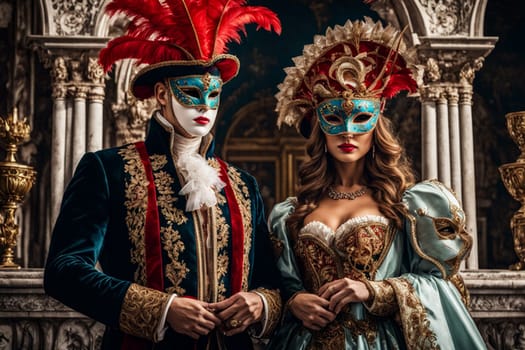 Ai generated portrait of people dressed with costumes and mask for the annual Venetian carnival.