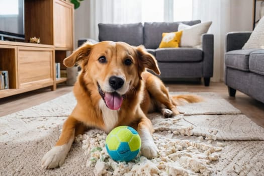 Cheerful dog at home in the living room playing with his toys.