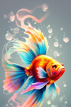 Goldfish in neon color in pop art style. Minimalist style, neon line logo, depicting a mosaic fish surrounded by vibrant smoke effects.