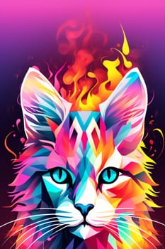 Cat head in pop art style. Minimalist style, neon line logo, depicting a mosaic geometric cat surrounded by vibrant smoke effects on a scarlet background.