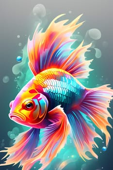 Goldfish in neon color in pop art style. Minimalist style, neon line logo, depicting a mosaic fish surrounded by vibrant smoke effects