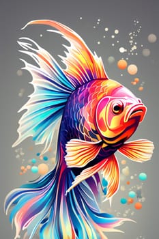 Goldfish in neon color in pop art style. Minimalist style, neon line logo, depicting a mosaic fish surrounded by vibrant smoke effects