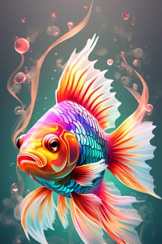 Goldfish in neon color in pop art style. Minimalist style, neon line logo, depicting a mosaic fish surrounded by vibrant smoke effects.