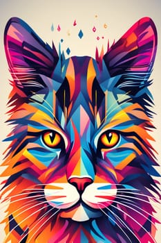 Cat head in pop art style. Minimalist style (neon line logo) depicting a mosaic geometric cat surrounded by vibrant smoke effects on a white background.