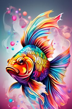 Goldfish in neon color in pop art style. Minimalist style, neon line logo, depicting a mosaic fish surrounded by vibrant smoke effects