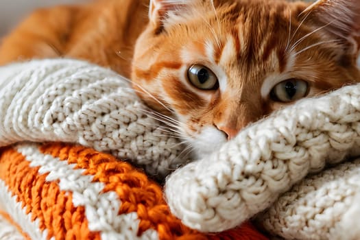Funny red cat sticks out its muzzle among woolen knitted clothes.