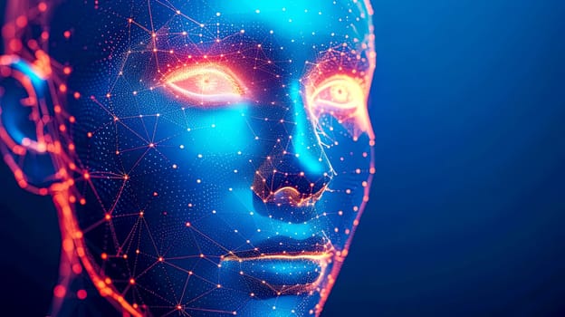 Futuristic Artificial Intelligence Concept - Digital Human Face with Neural Network and Biometric Technology.