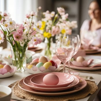 beautiful woman setting table for Easter dinner , celebrating easter . ai generated