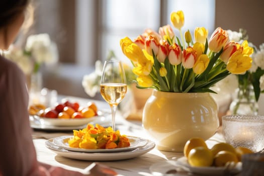 beautiful woman setting table for Easter dinner , celebrating easter . ai generated