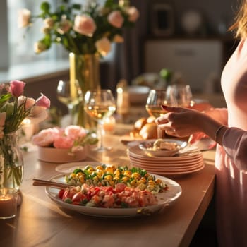 beautiful woman setting table for Easter dinner , celebrating easter . ai generated