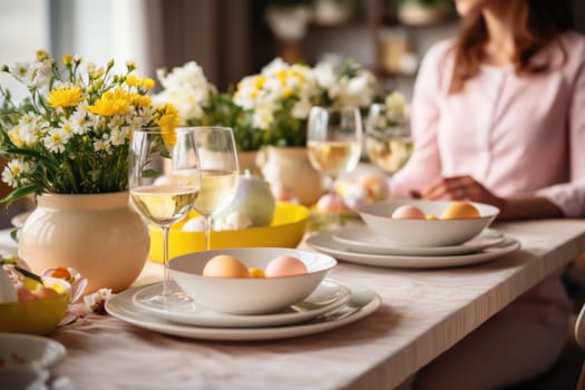 beautiful woman setting table for Easter dinner , celebrating easter . ai generated