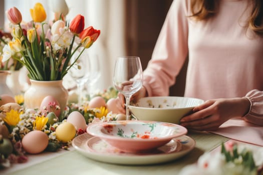 beautiful woman setting table for Easter dinner , celebrating easter . ai generated