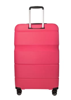 Travel pink suitcase isolated on white background. Plastic travel suitcase on wheels with handle