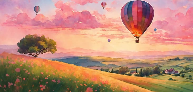 Landscape with a heart-shaped balloon in the sky. Generative AI. High quality photo