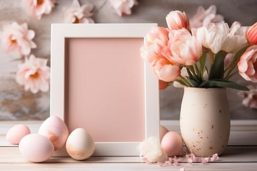 Happy Easter concept with easter eggs in nest and spring flowers. wooden frame on the table decorated for Easter. ai generated