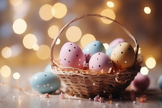 easter banner with easter decorations, easter basket, sparkling bokeh, pastell colors. ai generated