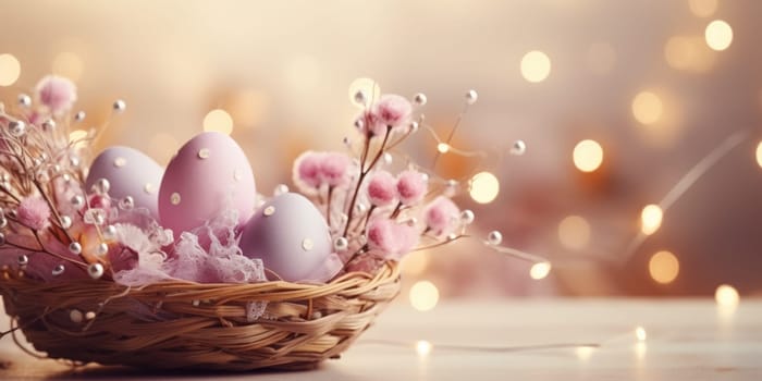 easter banner with easter decorations, easter basket, sparkling bokeh, pastell colors. ai generated