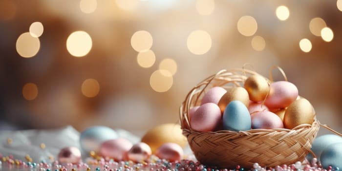 easter banner with easter decorations, easter basket, sparkling bokeh, pastell colors. ai generated