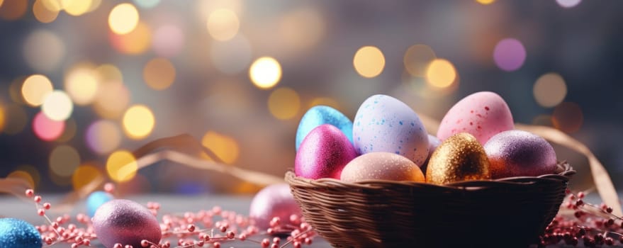 easter banner with easter decorations, easter basket, sparkling bokeh, pastell colors. ai generated