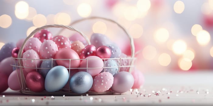 easter banner with easter decorations, easter basket, sparkling bokeh, pastell colors. ai generated