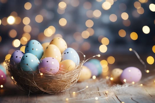 easter banner with easter decorations, easter basket, sparkling bokeh, pastell colors. ai generated