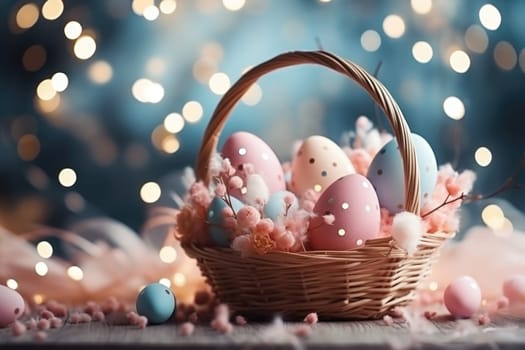easter banner with easter decorations, easter basket, sparkling bokeh, pastell colors. ai generated