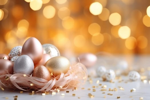 easter banner with easter decorations, easter basket, sparkling bokeh, pastell colors. ai generated
