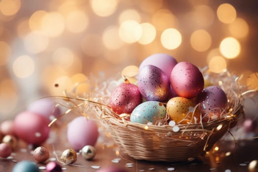 easter banner with easter decorations, easter basket, sparkling bokeh, pastell colors. ai generated