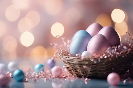 easter banner with easter decorations, easter basket, sparkling bokeh, pastell colors. ai generated
