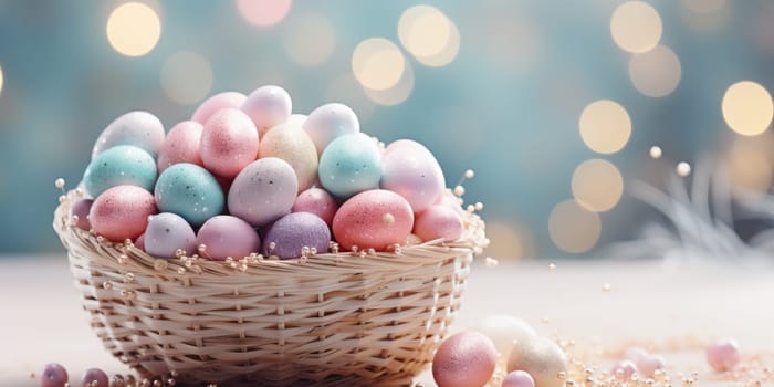 easter banner with easter decorations, easter basket, sparkling bokeh, pastell colors. ai generated