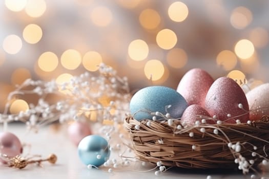 easter banner with easter decorations, easter basket, sparkling bokeh, pastell colors. ai generated