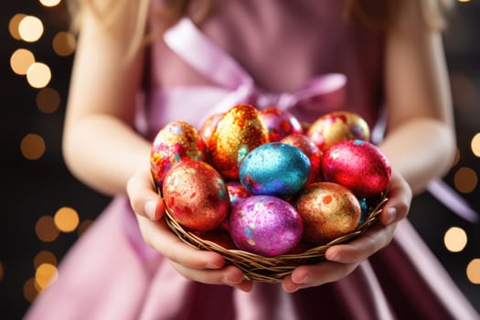 kid holding easter eggs in basket. ai generated