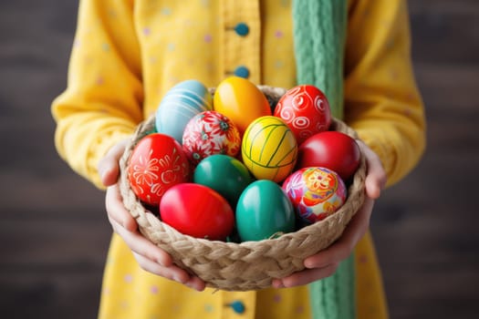 kid holding easter eggs in basket. ai generated