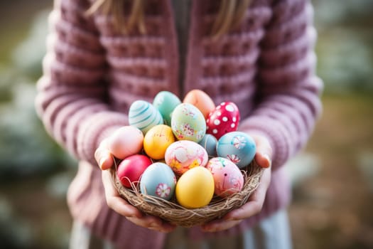 kid holding easter eggs in basket. ai generated