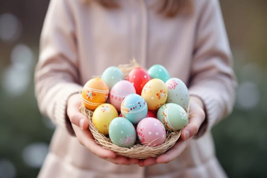 kid holding easter eggs in basket. ai generated