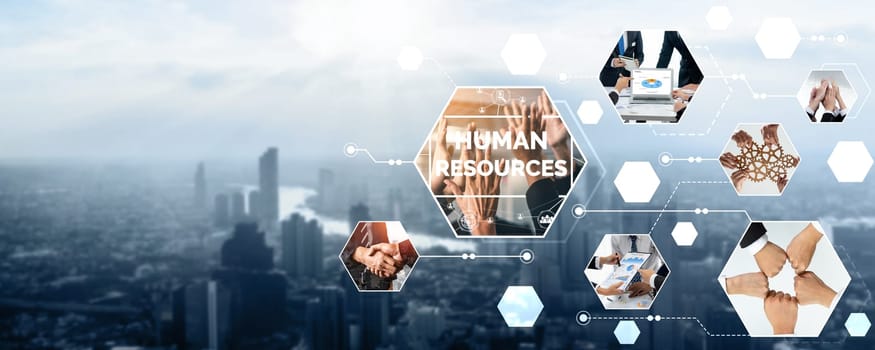 Teamwork and human resources HR management technology concept in corporate business with people group networking to support partnership, trust, teamwork and unity of coworkers in office kudos