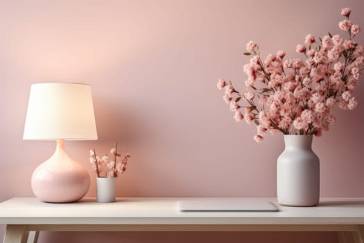 romantic desk mockup, pink and white female accessories , on a white desk. ai generated