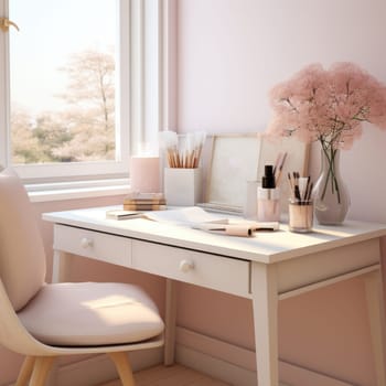 romantic desk mockup, pink and white female accessories , on a white desk. ai generated