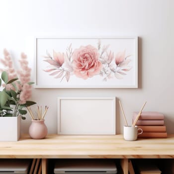 romantic desk mockup, pink and white female accessories , on a white desk. ai generated