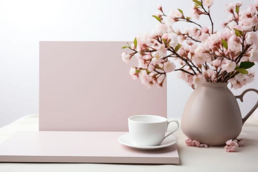 romantic desk mockup, pink flowers, coffee cup and blank card for mockup design. ai generated