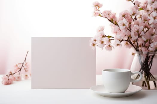romantic desk mockup, pink flowers, coffee cup and blank card for mockup design. ai generated