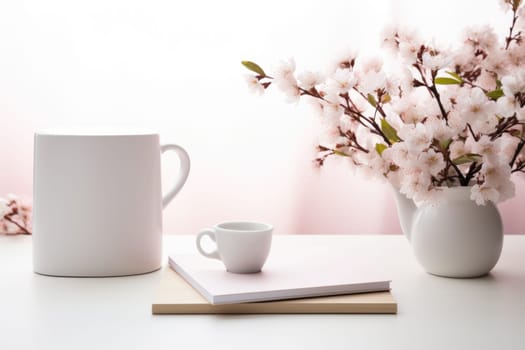 romantic desk mockup, pink flowers, coffee cup and blank card for mockup design. ai generated