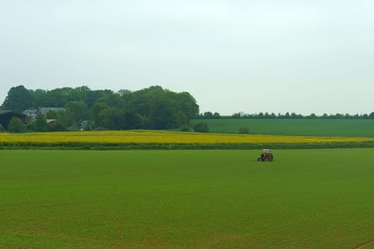 An old red agricultural tractor stands on a field with green grass in the distance. Agricultural concept.