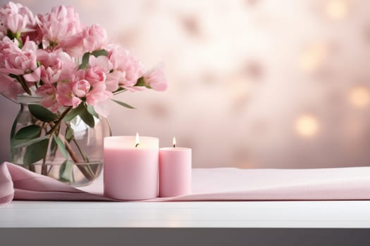 romantic desk mockup, pink flowers and candles with copy space. ai generated