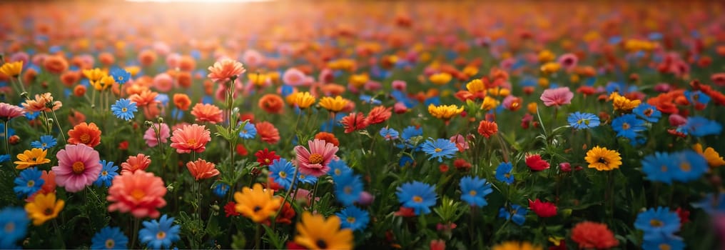 Colorful spring flowers in the sun. Various colored. Summer alpine meadow with colorful wildflowers. Camera moves among grass and colorful flowers, backlight, sunset. Summer alpine green flora background beauty cheerful