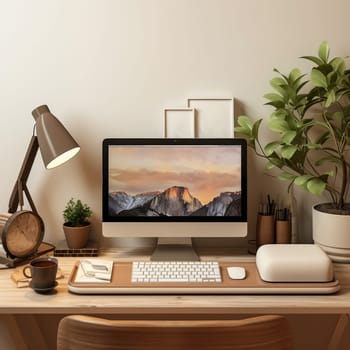 Mockup, front view, Computer on designer desk, desk accessories. ai generated