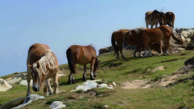 Painting of horses on the sea coast.